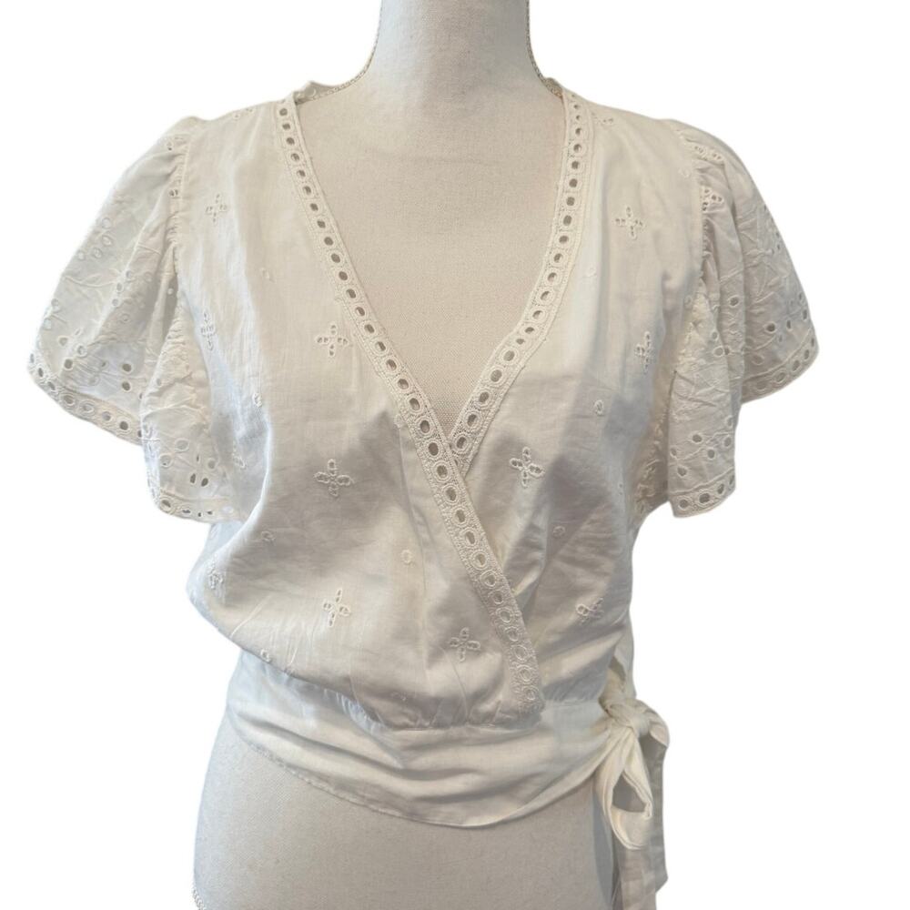 Jennifer & Grace Eyelet Surplice Wrap Top White S